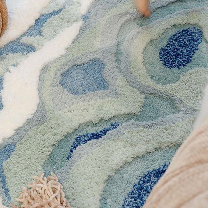 Abstract Ocean Wave Shaped Flocked Rug