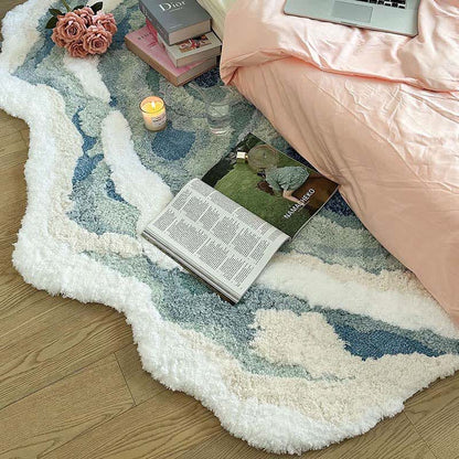 Abstract Ocean Wave Shaped Flocked Rug