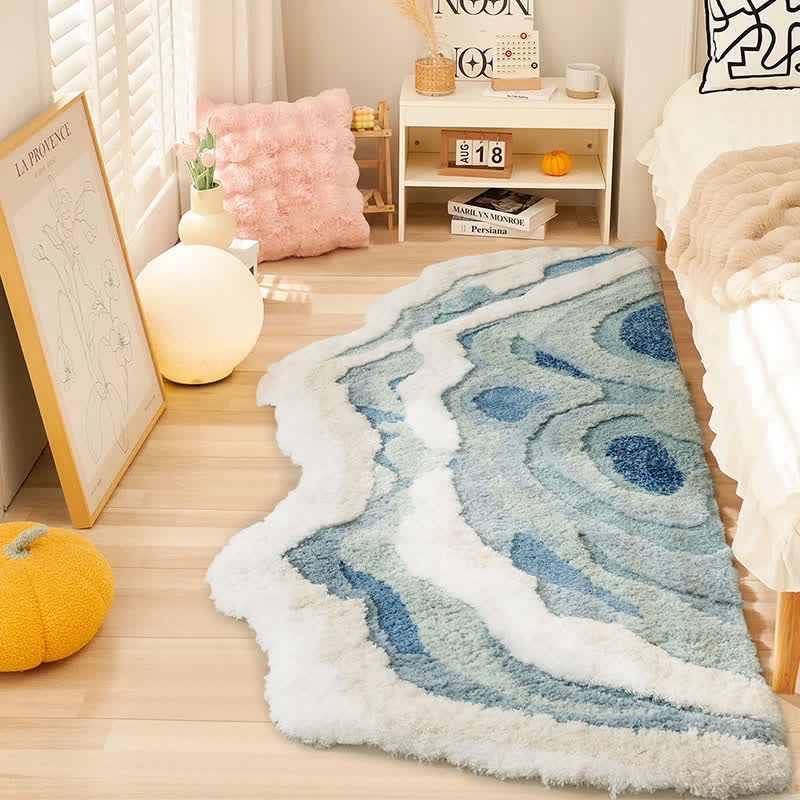 Abstract Ocean Wave Shaped Flocked Rug