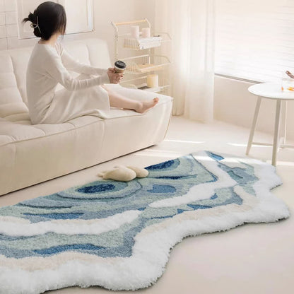 Abstract Ocean Wave Shaped Flocked Rug