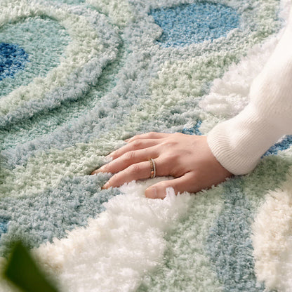 Abstract Ocean Wave Shaped Flocked Rug