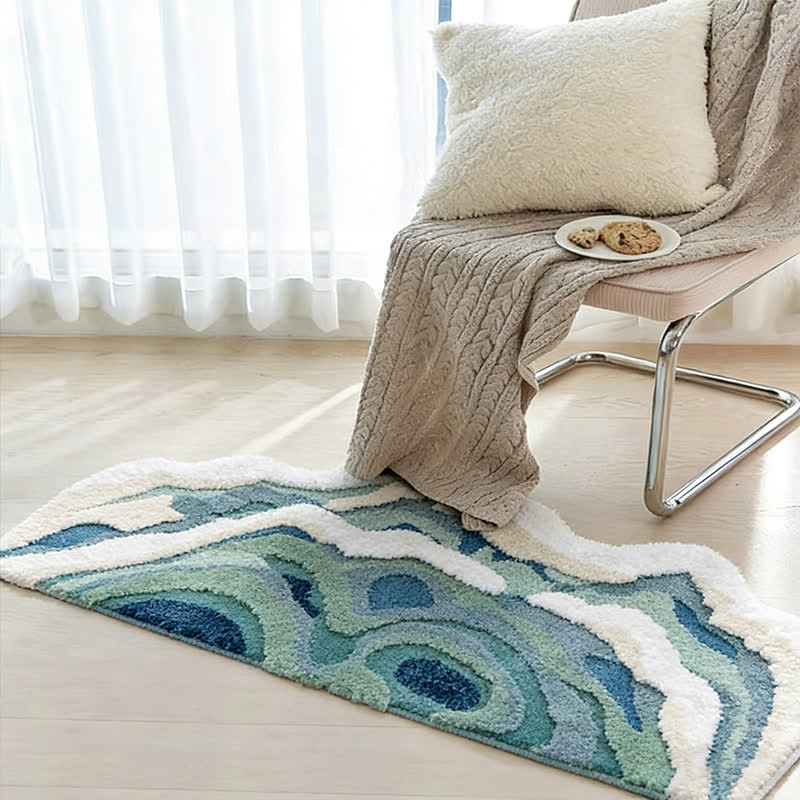 Abstract Ocean Wave Shaped Flocked Rug