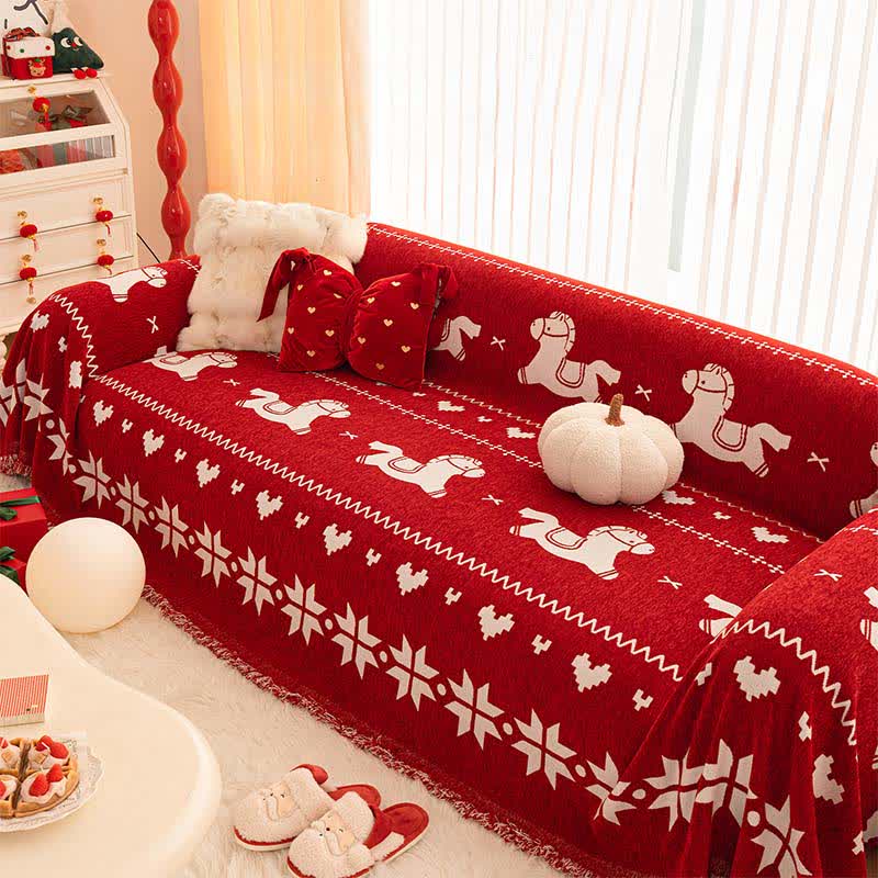 New Year Chenille Sofa Cover with Lucky Horse