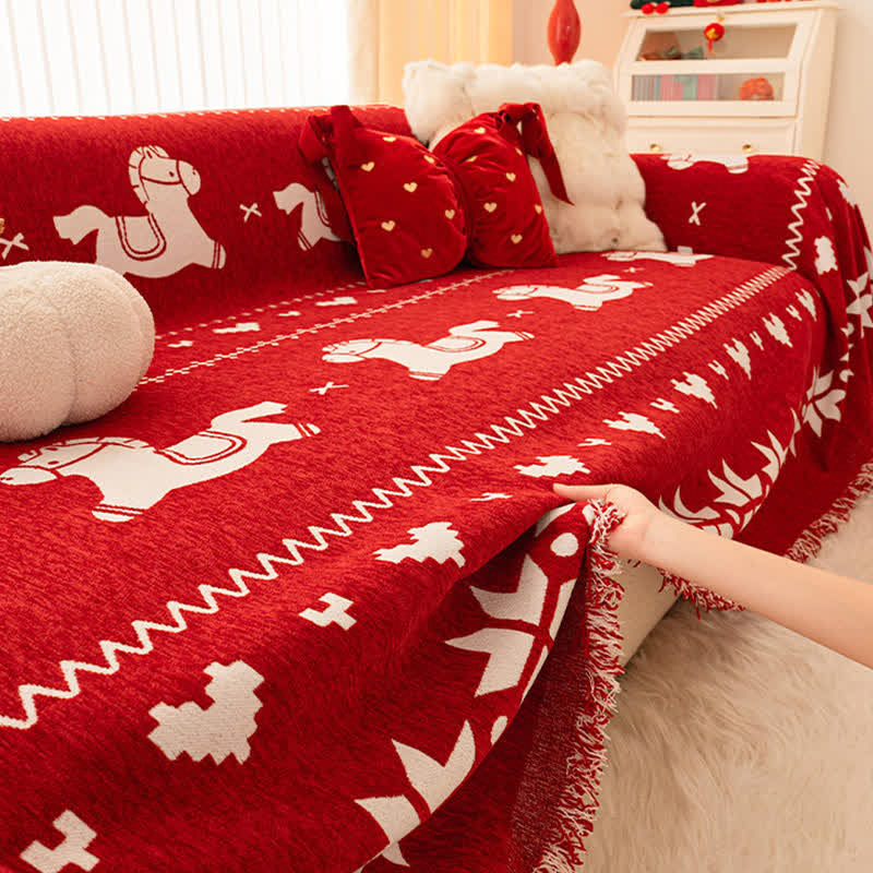 New Year Chenille Sofa Cover with Lucky Horse