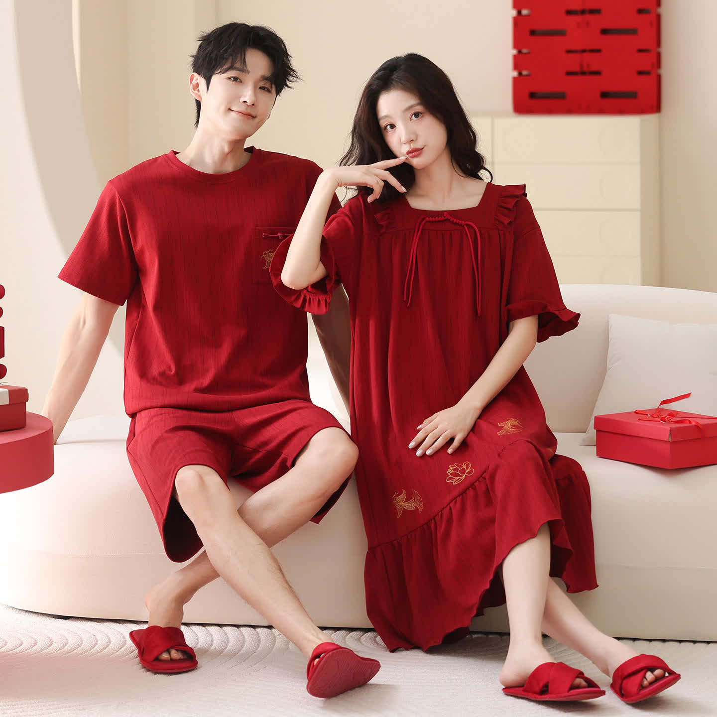 Red Couple Pure Cotton Pajama Set