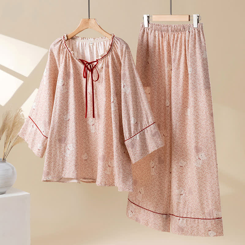 Floral Bear Cotton Ruffled Loungewear Set