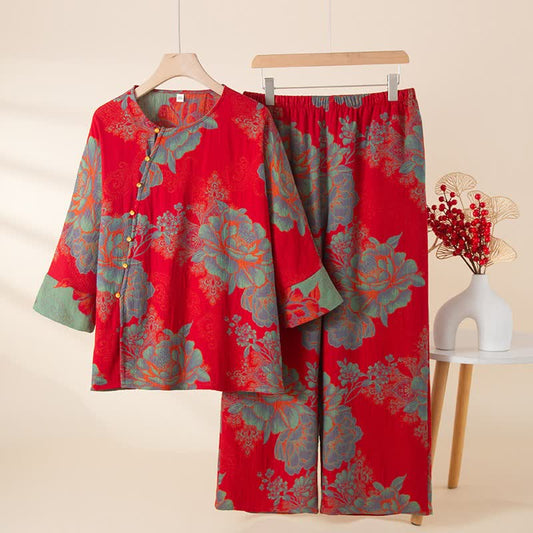 Vintage Oriental Peony Cotton Pajama Set