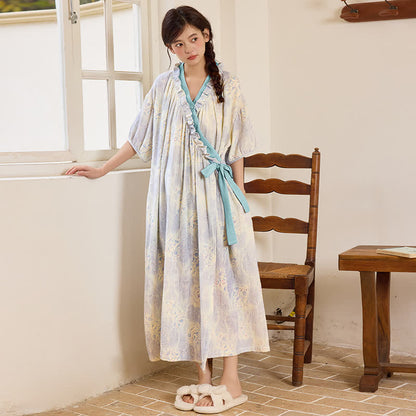 Artistic Vintage Ruffled Collar Side-Tie Nightgown