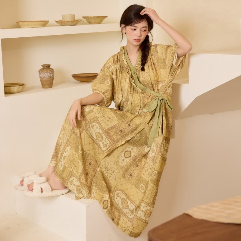 Ethnic Style Ruffled Collar Side-Tie Nightgown