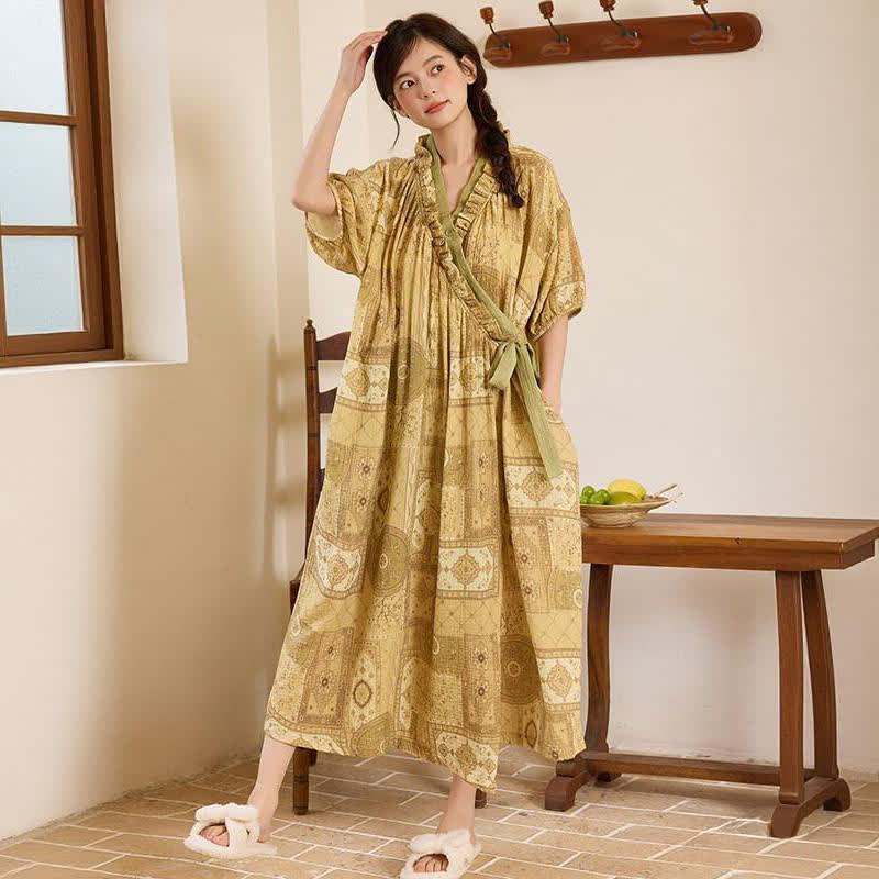 Ethnic Style Ruffled Collar Side-Tie Nightgown