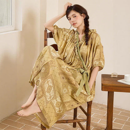 Ethnic Style Ruffled Collar Side-Tie Nightgown