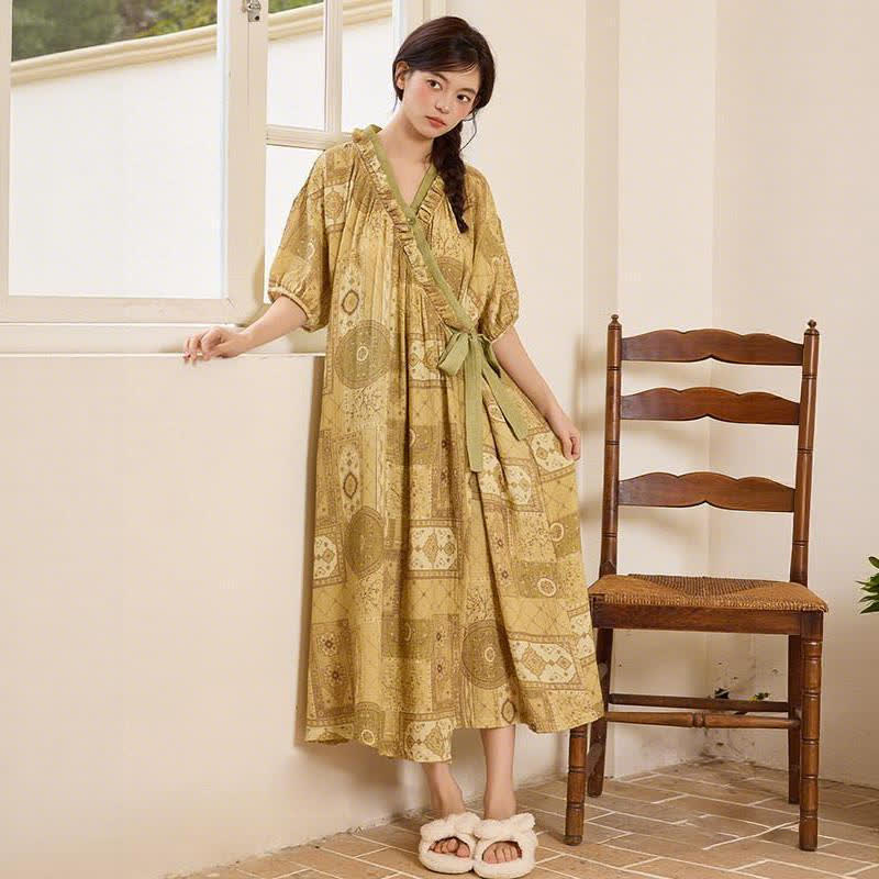 Ethnic Style Ruffled Collar Side-Tie Nightgown