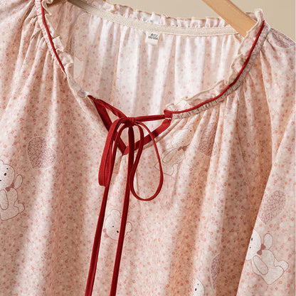 Floral Bear Cotton Ruffled Loungewear Set