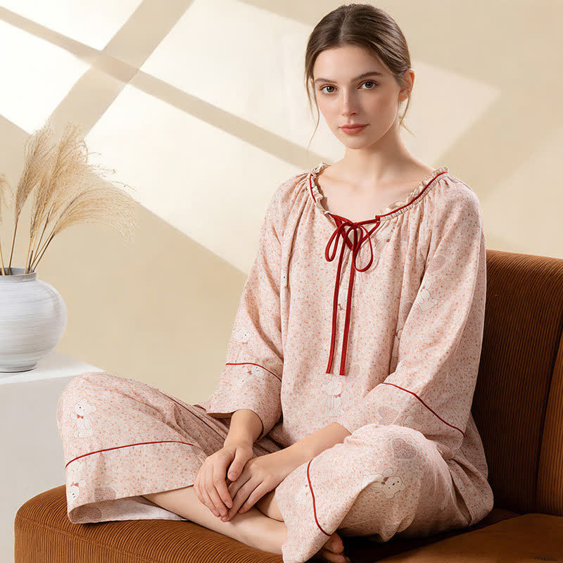 Floral Bear Cotton Ruffled Loungewear Set