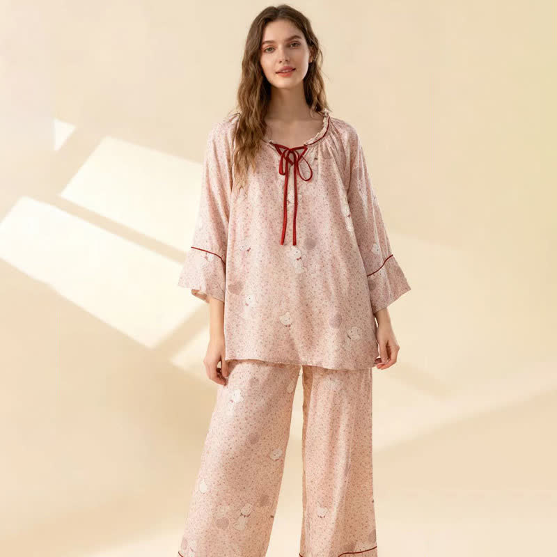 Floral Bear Cotton Ruffled Loungewear Set