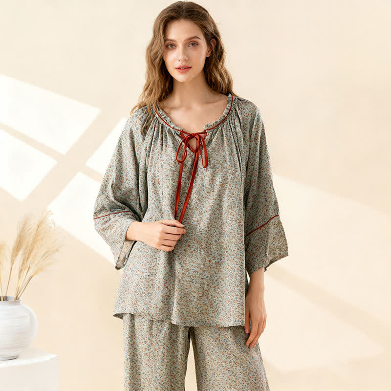 Green Floral Cotton Ruffled Loungewear Set