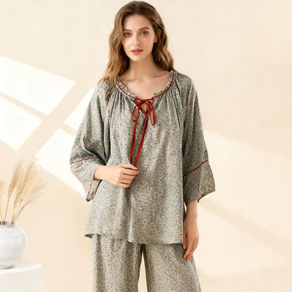 Green Floral Cotton Ruffled Loungewear Set