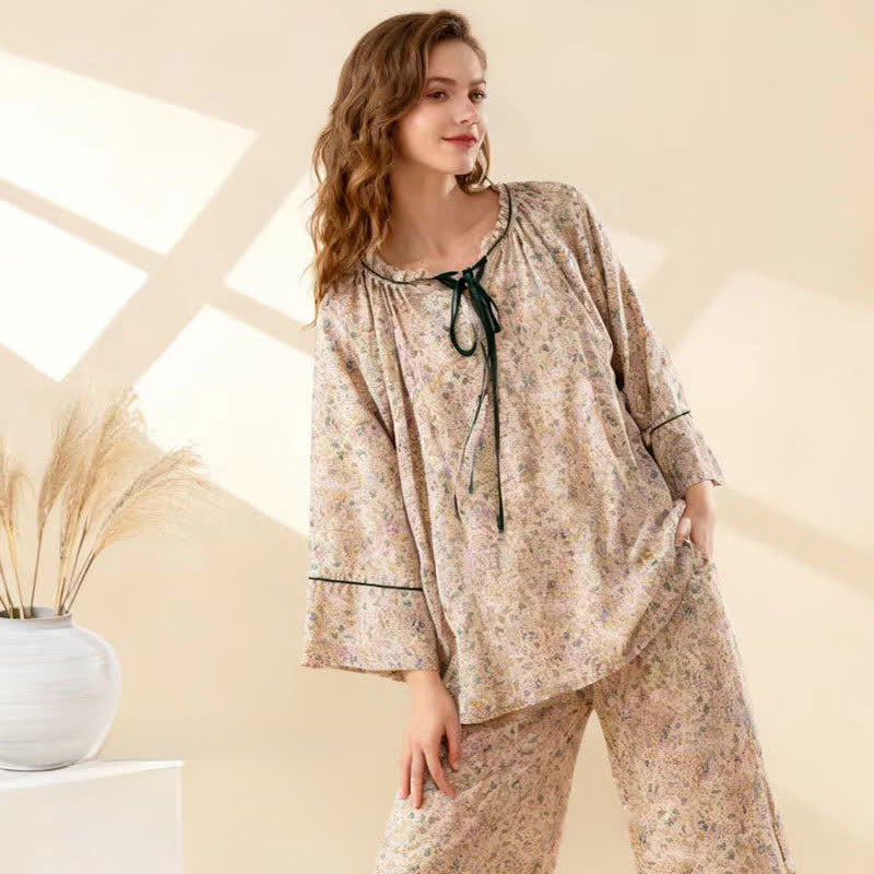 Pastoral Floral Cotton Ruffled Loungewear Set