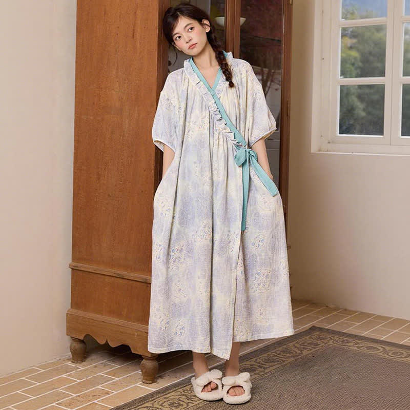 Artistic Vintage Ruffled Collar Side-Tie Nightgown