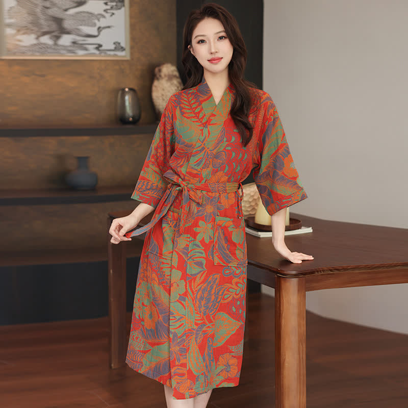 Floral Leaf Cotton Double Gauze Kimono Robe