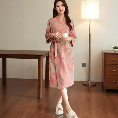 Floral Leaf Cotton Double Gauze Kimono Robe