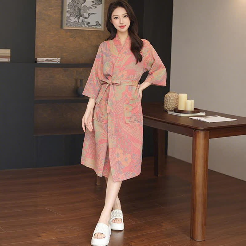 Floral Leaf Cotton Double Gauze Kimono Robe