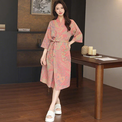 Floral Leaf Cotton Double Gauze Kimono Robe