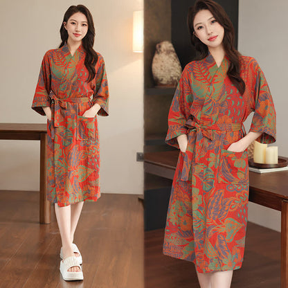 Floral Leaf Cotton Double Gauze Kimono Robe