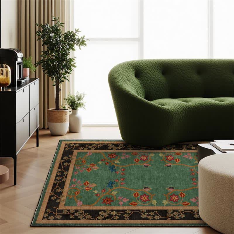 Retro Botanical Motif Washable & Foldable Carpet