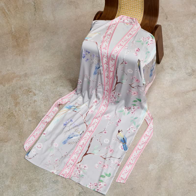 Peach Blossom & Bird Kimono Style Bathrobe