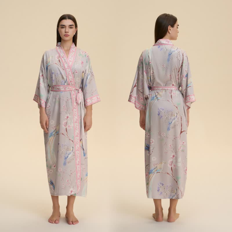 Peach Blossom & Bird Kimono Style Bathrobe