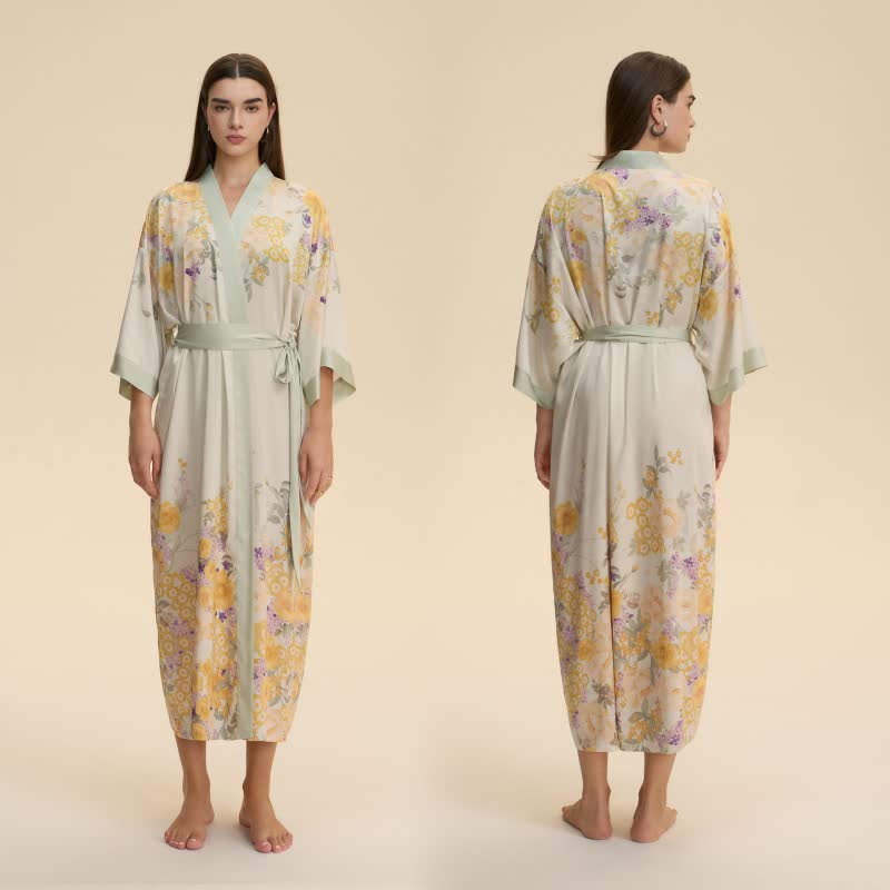 Oriental Yellow Floral Kimono Style Bathrobe