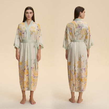Oriental Yellow Floral Kimono Style Bathrobe