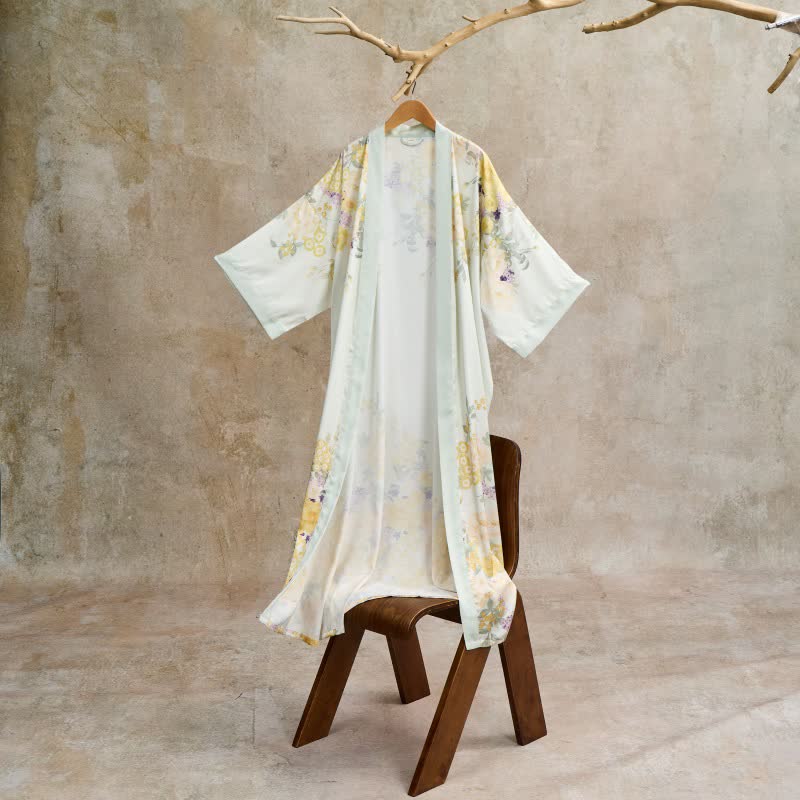 Oriental Yellow Floral Kimono Style Bathrobe