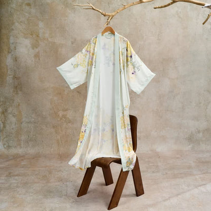 Oriental Yellow Floral Kimono Style Bathrobe