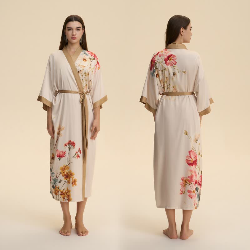 Oriental Luxurious Flower Kimono Style Bathrobe