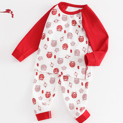 Auspicious Pattern Cotton Kids Loungewear Set