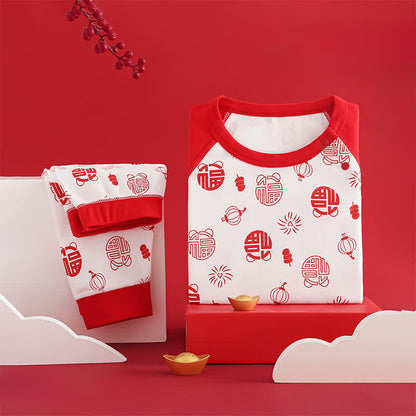 Auspicious Pattern Cotton Kids Loungewear Set