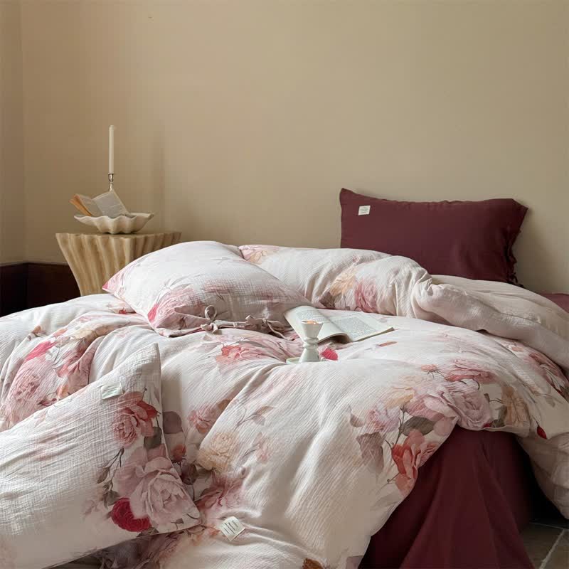 Elegant Rose Cotton Tie-Closure Bedding Set(4PCS)