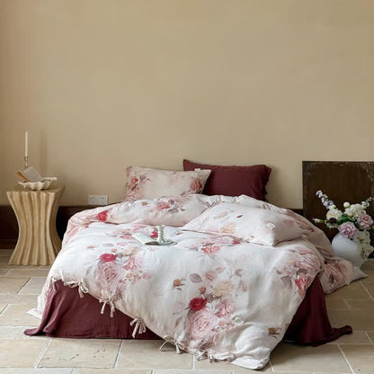 Elegant Rose Cotton Tie-Closure Bedding Set(4PCS)