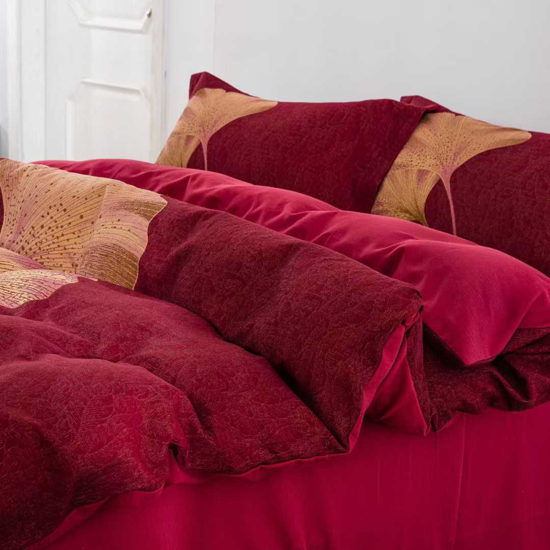 Red & Gold Ginkgo Leaf Cotton Bedding Set(4PCS)