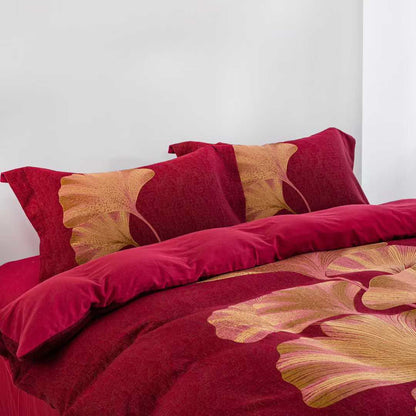 Red & Gold Ginkgo Leaf Cotton Bedding Set(4PCS)