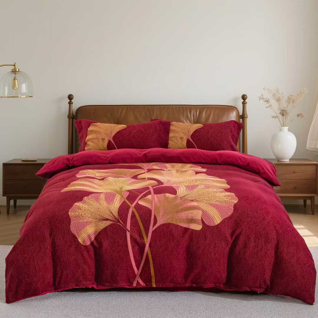 Red & Gold Ginkgo Leaf Cotton Bedding Set(4PCS)