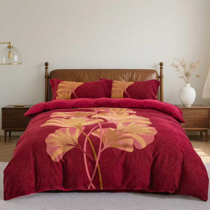 Red & Gold Ginkgo Leaf Cotton Bedding Set(4PCS)