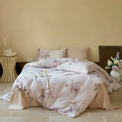 Subtle Floral Cotton Tie-Closure Bedding Set(4PCS)