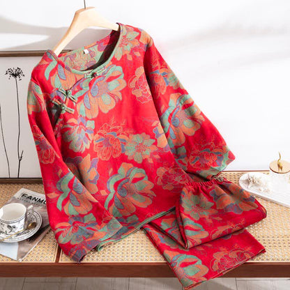 Red Oriental Floral Cotton Loungewear Set