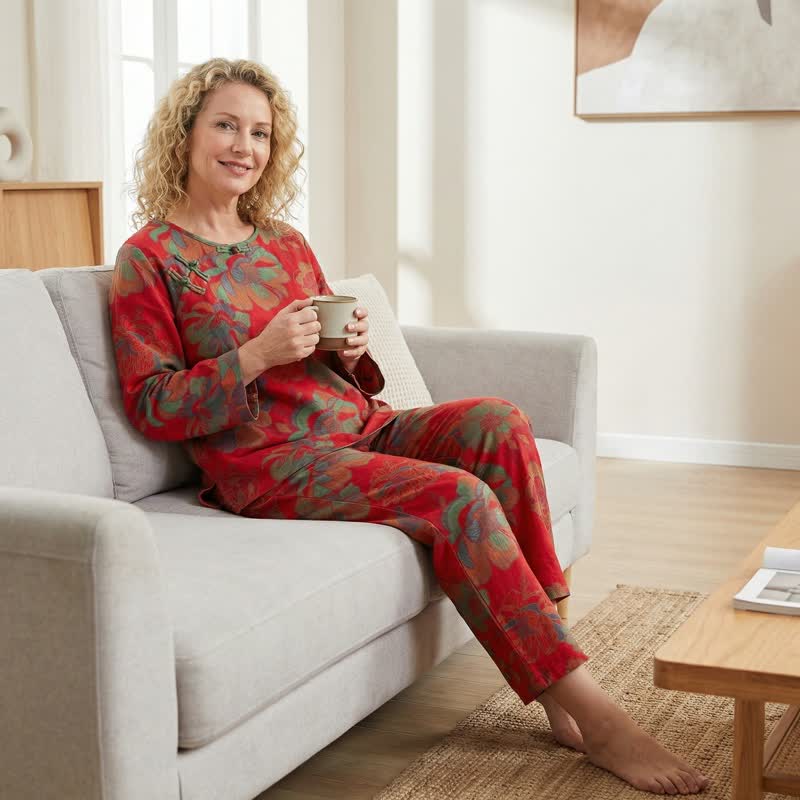 Red Oriental Floral Cotton Loungewear Set