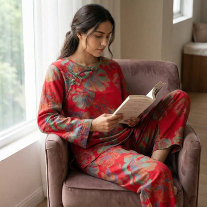 Red Oriental Floral Cotton Loungewear Set