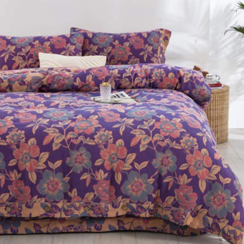 Purple Floral Double Gauze Cotton Bedding Set(4PCS)