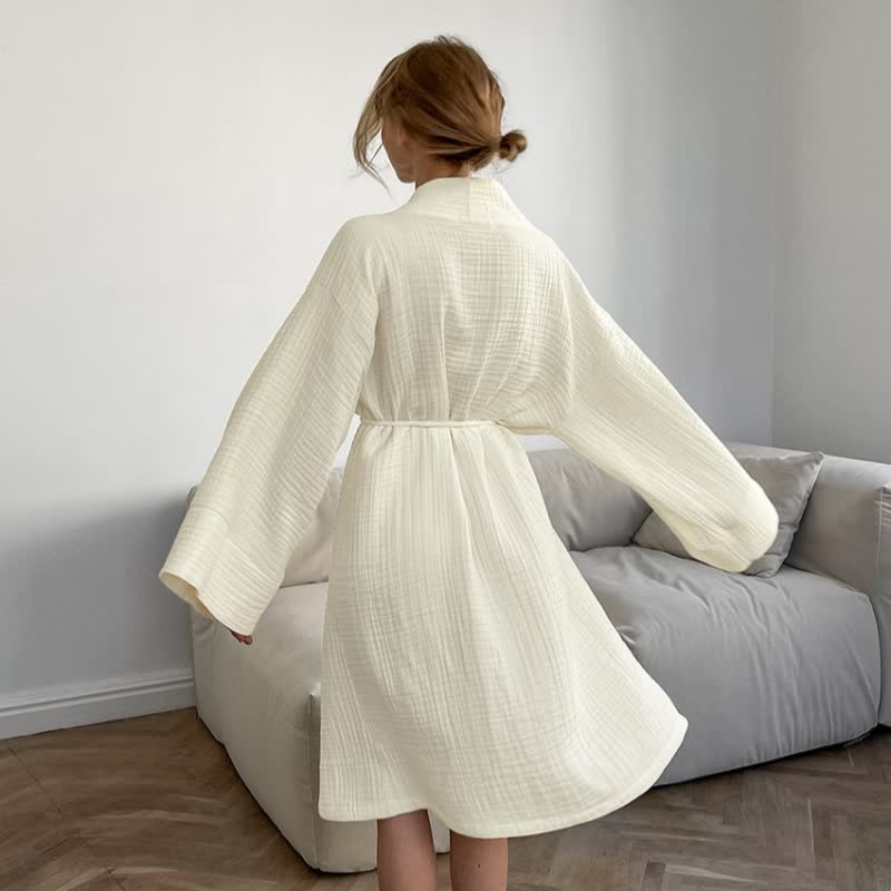 Beige Pure Cotton Kimono Robe